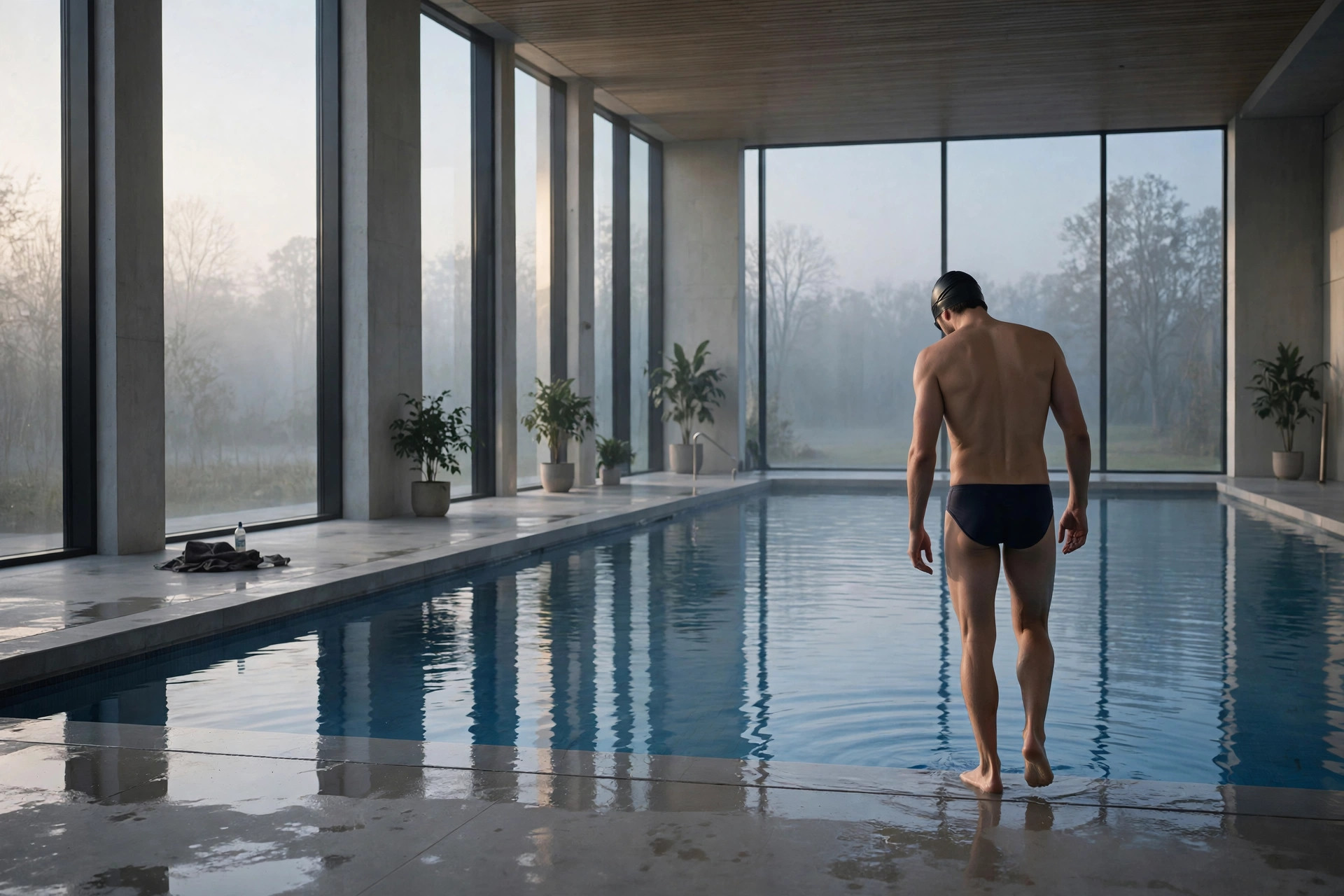 A swimmer in a cap stands at the edge of a still indoor pool in early morning light, about to step into the water