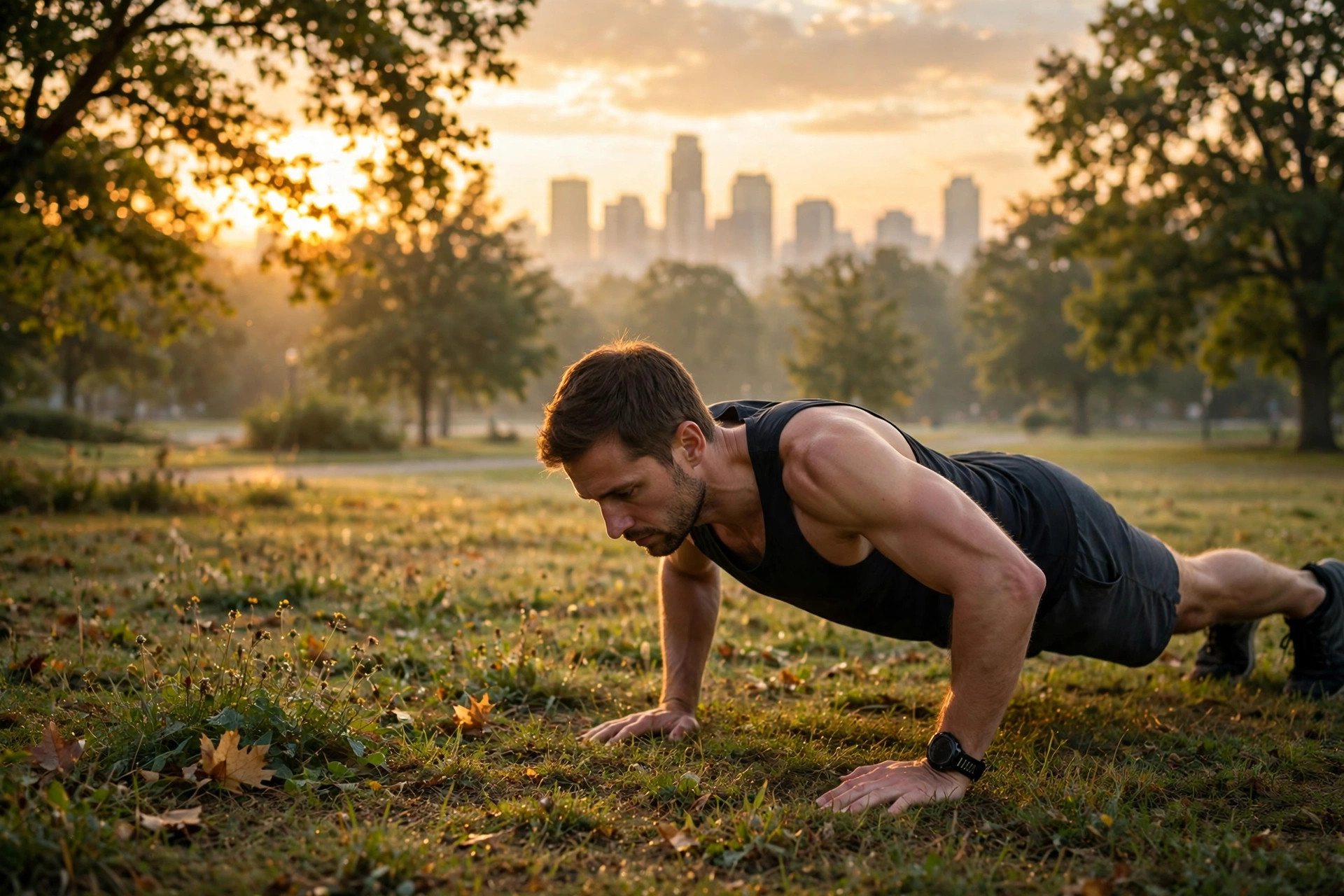 A man in black athletic clothes does a push-up on grass in a park at sunrise, with a hazy city skyline behind him